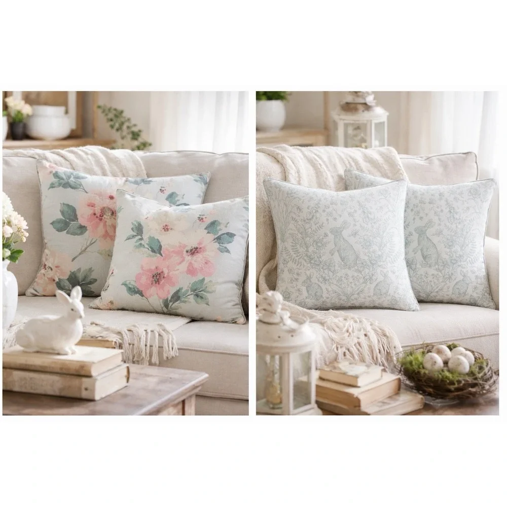 My Texas House‎ Set 2 Reversible Bunny Floral Throw Pillows 17x17 Spring Cottage